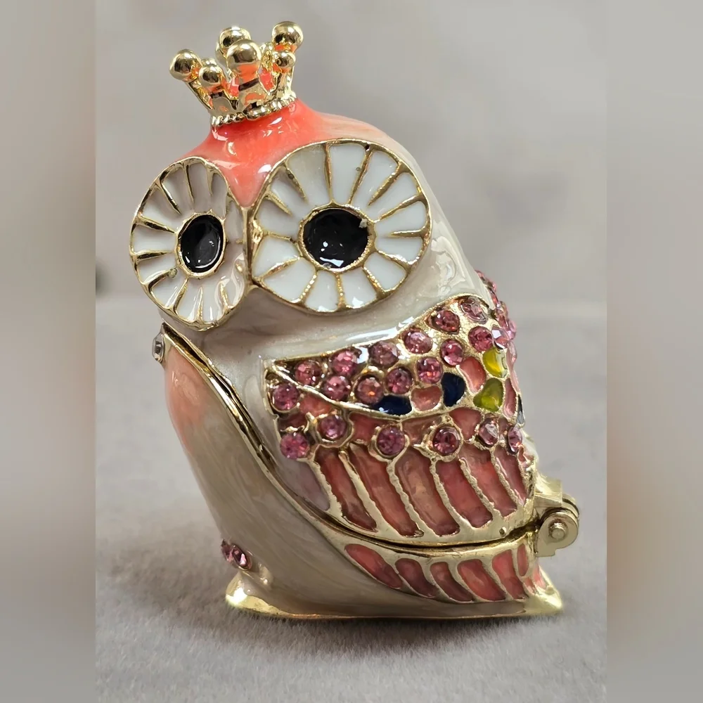 Enameled Colorful Crystal Owl Mini Trinket Box